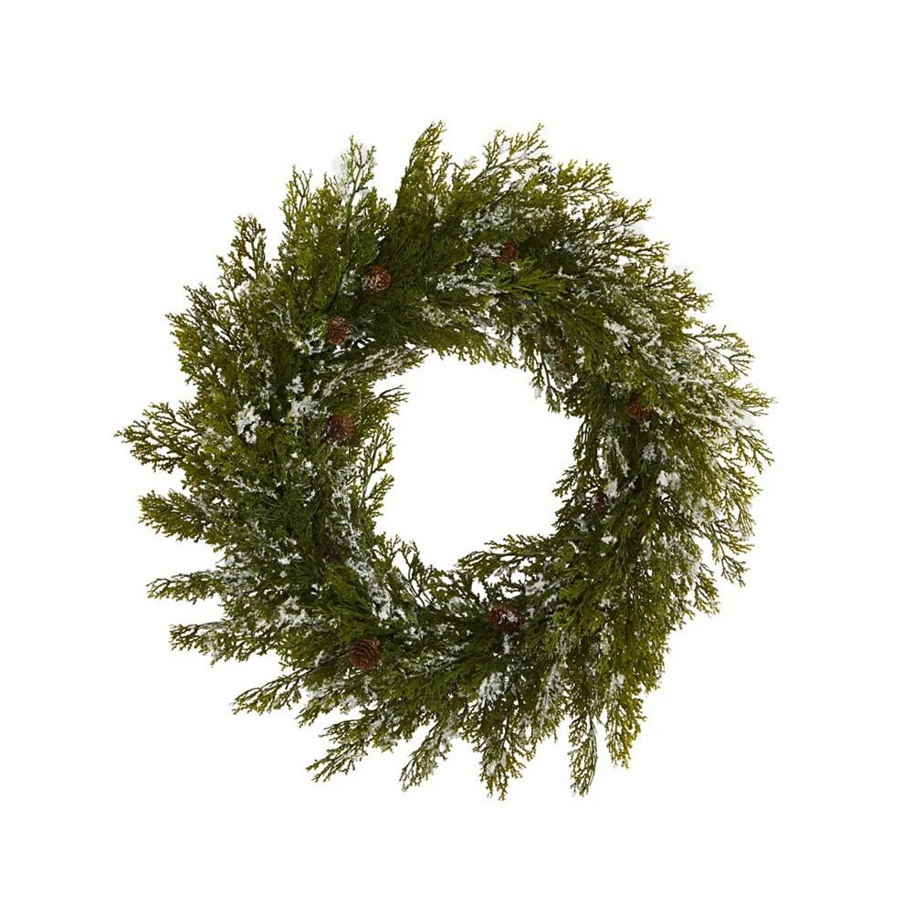 商品NEARLY NATURAL|Snowed Artificial Cedar Wreath with Pine Cones, 20",价格¥354,第1张图片