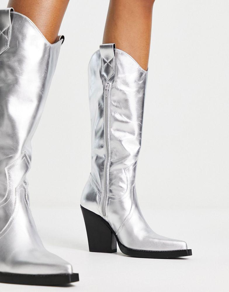 ASOS DESIGN Camouflage premium leather western knee boots in silver商品第3张图片规格展示