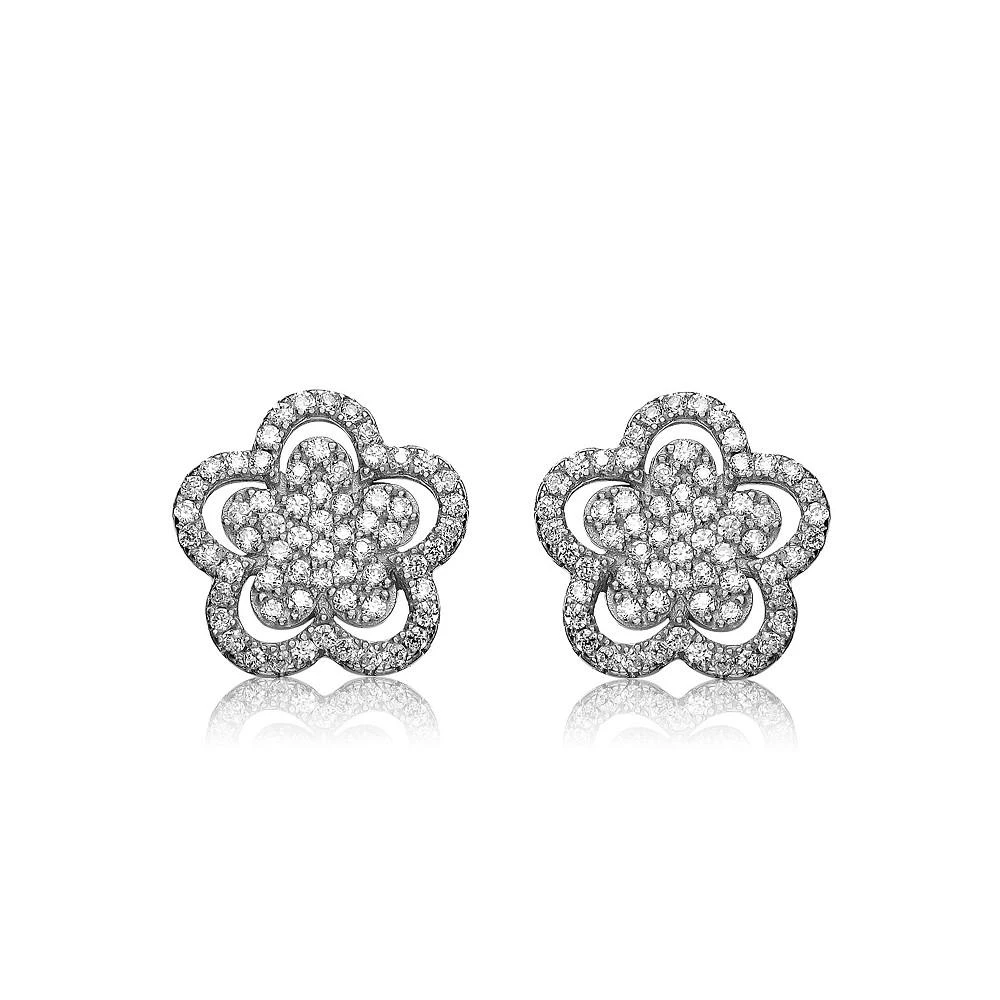 商品Genevive|Sterling Silver In White Gold Plating Cubic Zirconia Double flower Stud Earrings,价格¥750,第1张图片