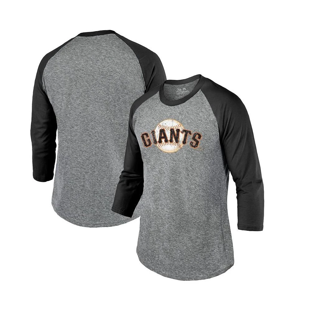商品Majestic|Men's Threads Heathered Gray, Black San Francisco Giants Current Logo 3/4-Sleeve Raglan Tri-Blend T-shirt,价格¥298,第1张图片
