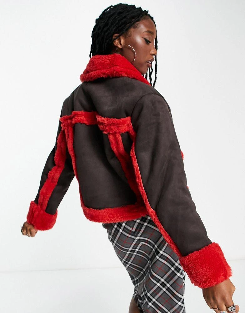 商品Weekday|Weekday Enzo suedette bonded shearling jacket in brown with red contrasts,价格¥519,第2张图片详细描述