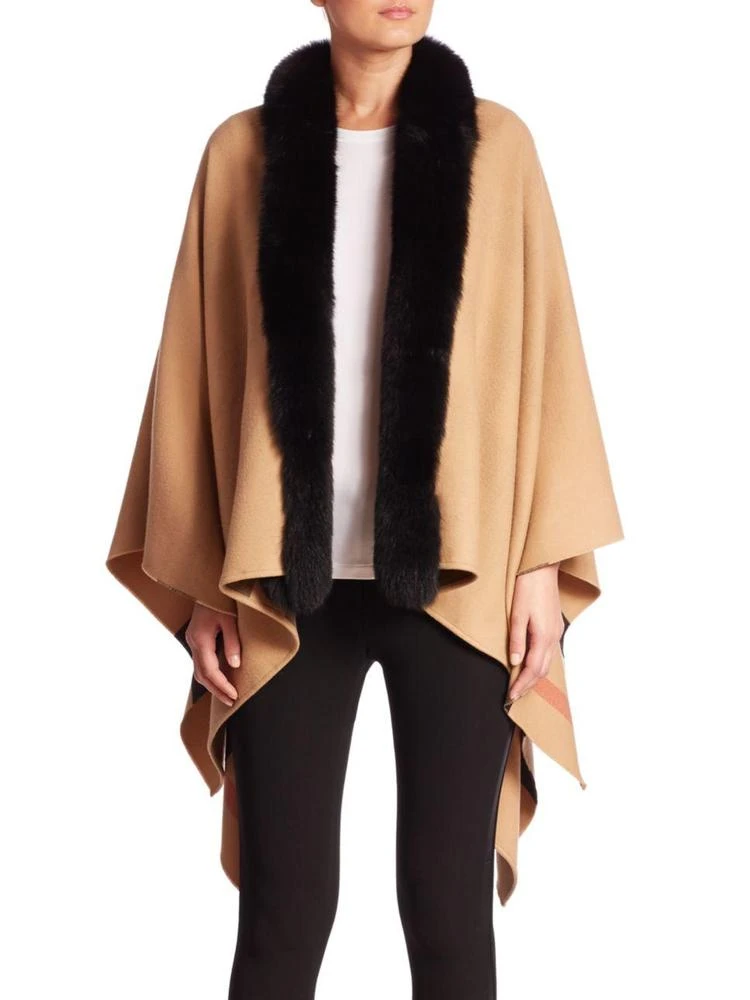 商品Burberry|Charlotte Fox Fur-Trimmed Reversible Check Wool Cape,价格¥8285,第1张图片
