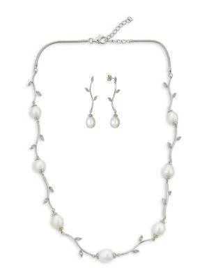 商品BELPEARL|2-Piece Sterling Silver, 10MM Oval Freshwater Pearl & Topaz Necklace & Earrings Set,价格¥1755,第1张图片