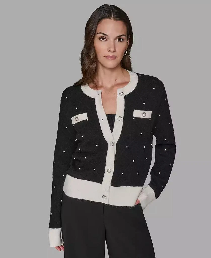 商品Karl Lagerfeld Paris|Petite Crew Neck Front-Button Cardigan Sweater,价格¥1024,第1张图片