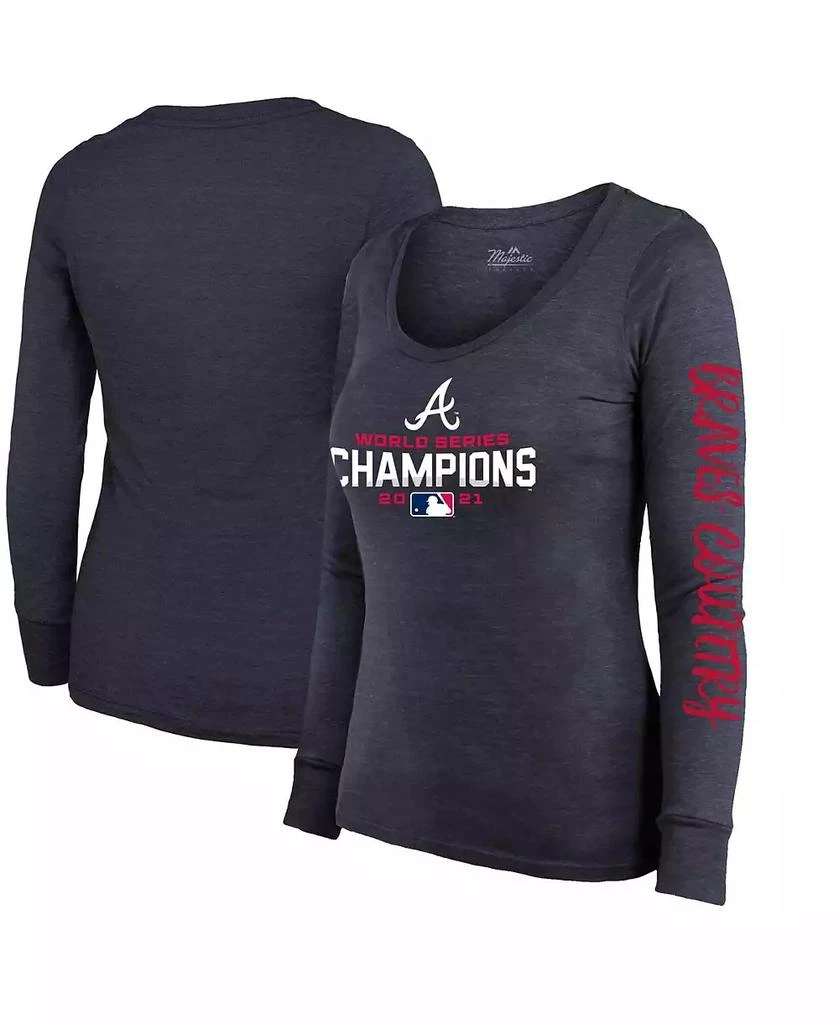 商品Majestic|Women's Threads Navy Atlanta Braves 2021 World Series Champions Two-Hit Tri-Blend Long Sleeve Scoop Neck T-shirt,价格¥286,第2张图片详细描述