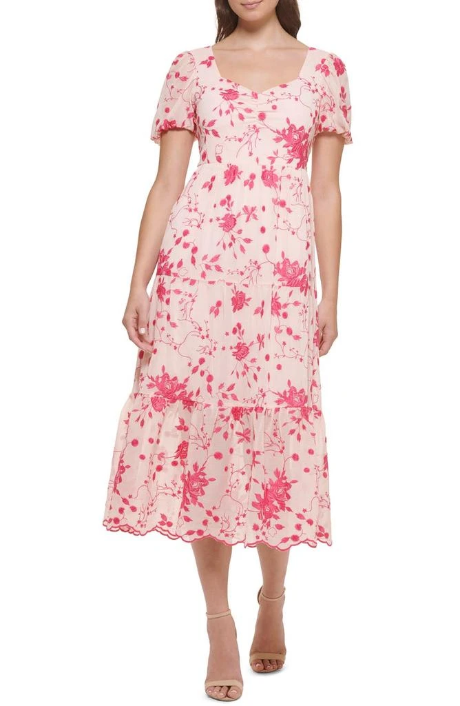 商品Kensie|Floral Embroidered Puff Sleeve Chiffon Midi Dress,价格¥525,第1张图片