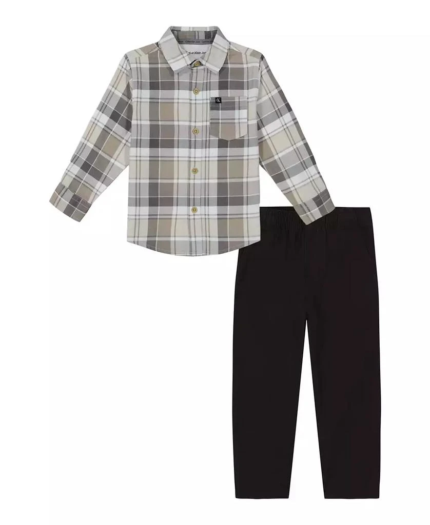 商品Calvin Klein|Toddler and Little Boys Long Sleeve Plaid Fine-Wale Cord Shirt Prewashed Twill Pants 2-Piece Set,价格¥172,第1张图片