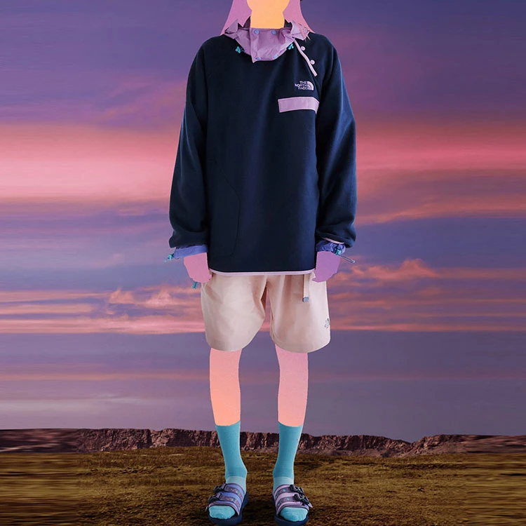 商品[国内直发] The North Face|x CLOT 联名款  SS23 Logo刺绣抓绒加绒保暖下摆拉链宽松卫衣 男款 苍穹青,价格¥1556,第4张图片详细描述