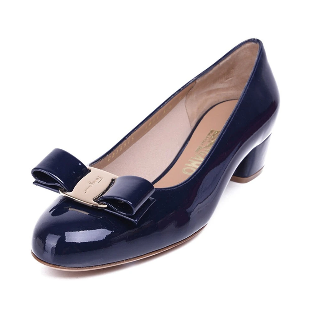 Salvatore Ferragamo 菲拉格慕 女士藏蓝色光面牛皮粗跟鞋低跟鞋 0539449-NP-C-O-BL 商品