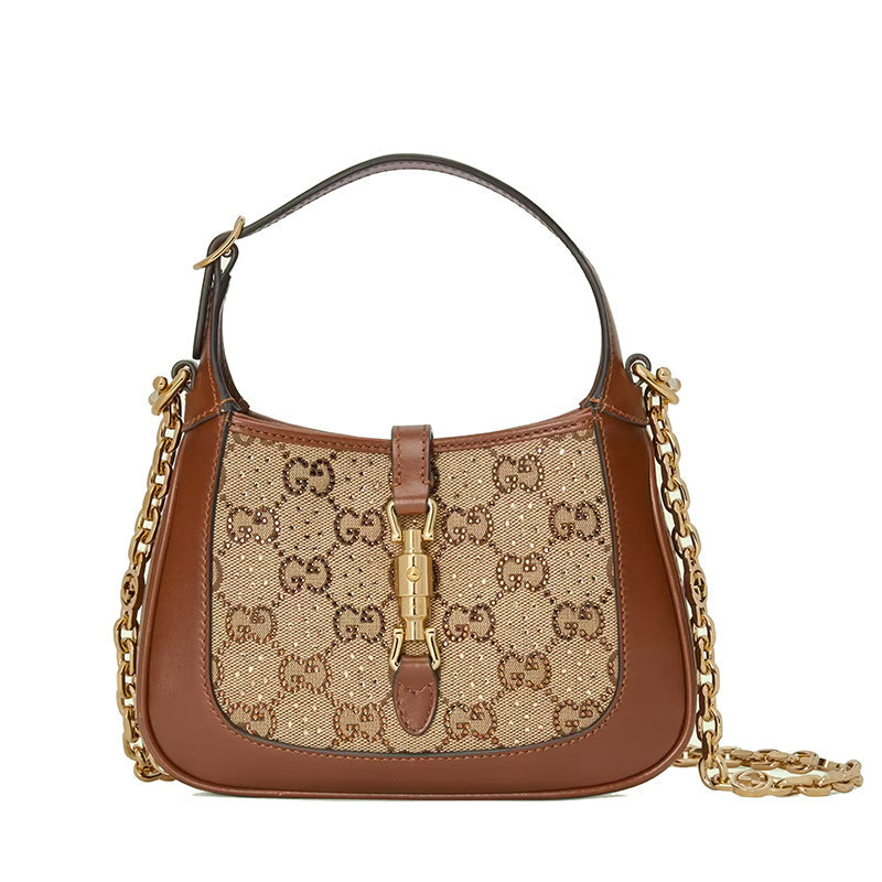 商品Gucci|【包税】GUCCI/古驰 22新款Jackie 1961系列 女士迷你棕色/乌木饰水晶装饰老花帆布配皮金扣金链单肩斜跨手提包67579921HRG2687,价格¥24933,第1张图片