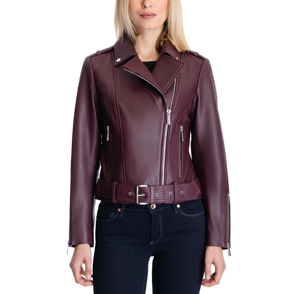 Women's Petite Belted Leather Moto Jacket商品第1张图片规格展示