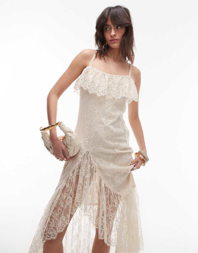 & Other Stories lace midaxi slip dress with sheer asymmetric tiered ruffle detail in vintage cream-White
