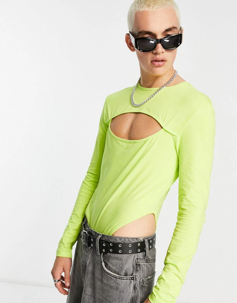 商品ASOS|ASOS DESIGN long sleeve muscle cut out body suit in lime,价格¥116,第1张图片