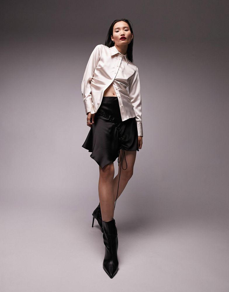 Topshop premium ruched side slim satin shirt in oyster商品第4张图片规格展示