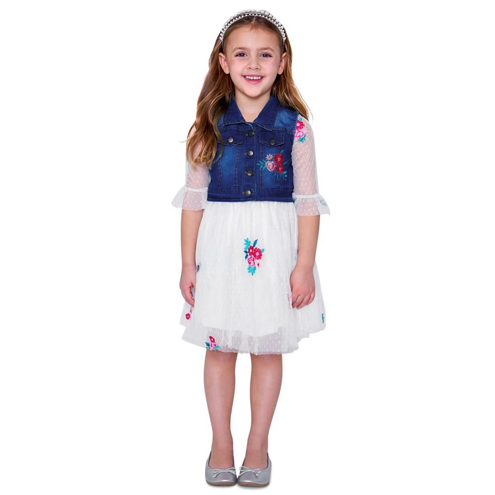 商品Rare Editions|Little Girls Denim Vest to Embroidered Mesh Dress,价格¥216,第1张图片