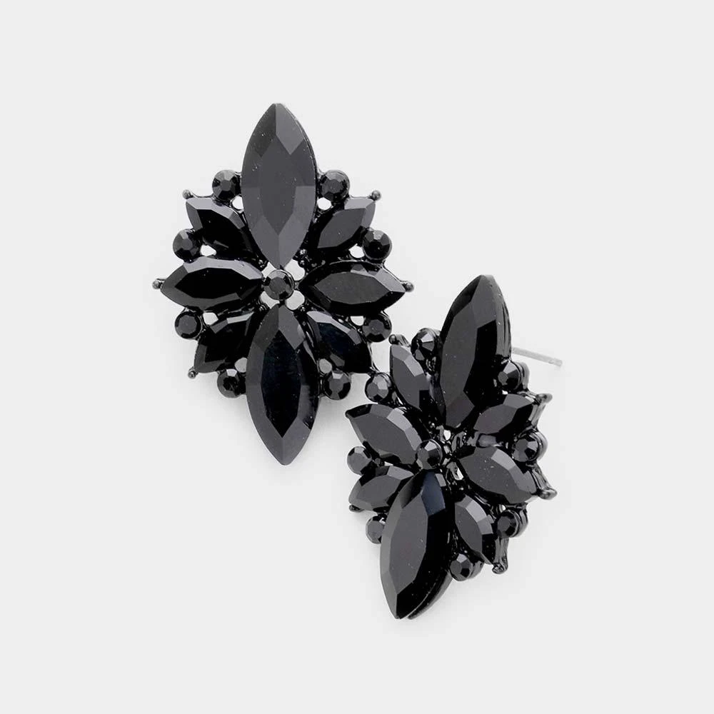 商品FASHNZFAB|Marquise Crystal Floral Evening Earrings - Jet Black,价格¥187,第1张图片详细描述