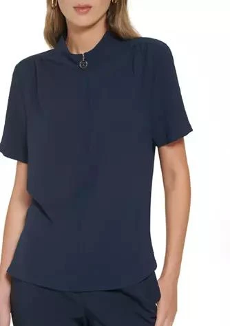 商品Tommy Hilfiger|Hilfiger Womens Short Sleeve Pleated Shoulder Blouse,价格¥178,第1张图片