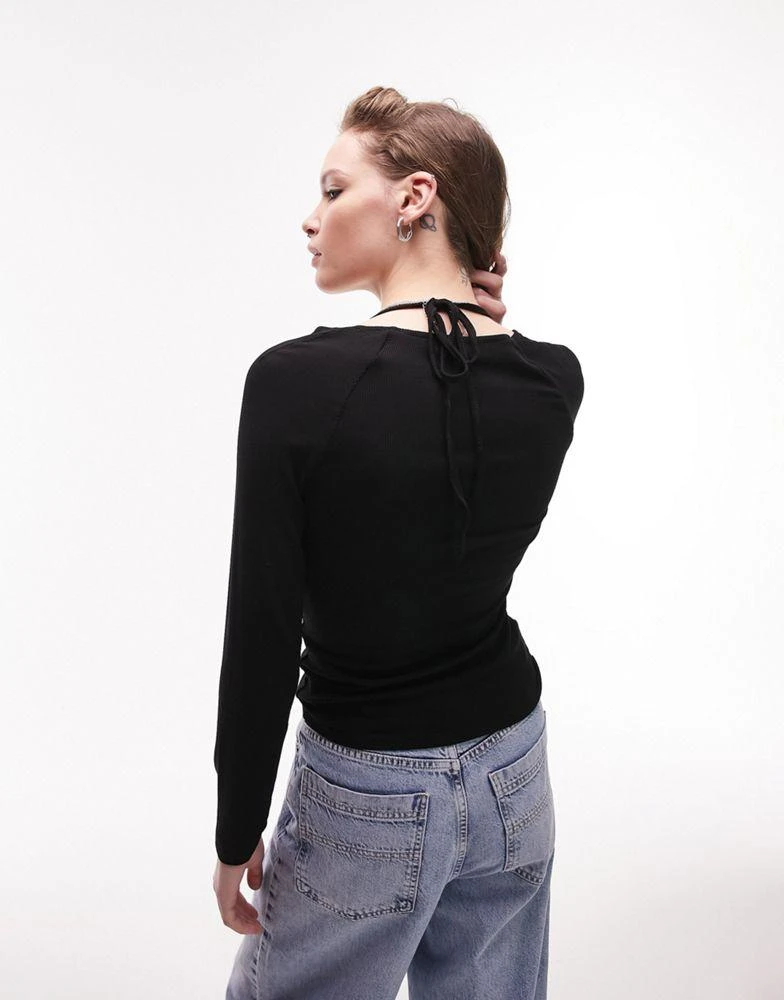 商品Topshop|Topshop long sleeve asymmetric keyhole ribbed halter top in black,价格¥153,第2张图片详细描述