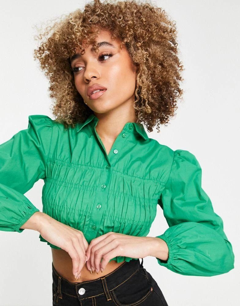 商品Topshop|Topshop 70s collar shirred poplin shirt in green,价格¥195,第2张图片详细描述