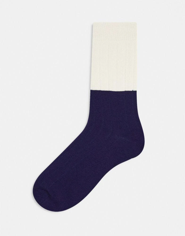 商品ASOS|ASOS DESIGN 2 pack ribbed socks in navy and green colour block,价格¥58,第2张图片详细描述