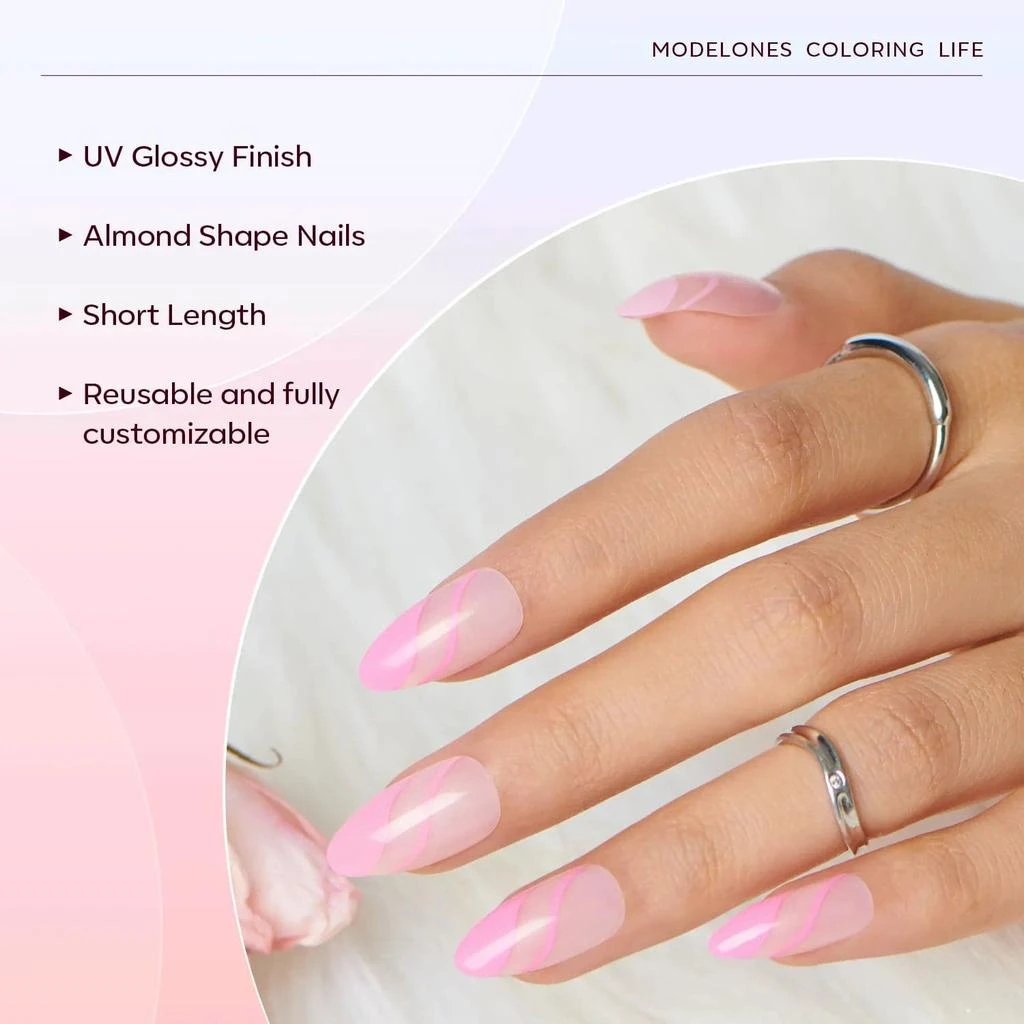 商品[国内直发] MODELONES|Pink Wave - 24 Fake Nails 12 Sizes Short Almond Press on Nails Kit,价格¥90,第4张图片详细描述