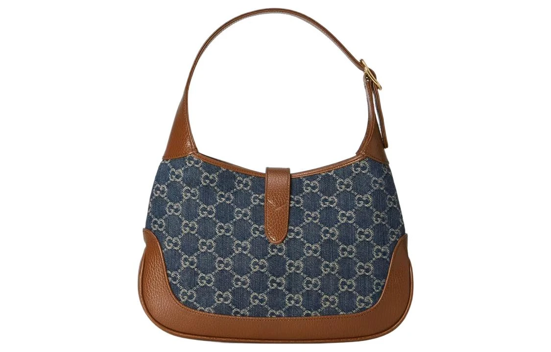 商品[国内直发] Gucci|古驰 Jackie 1961 金色锁扣老花满印可拆卸延长肩带 帆布拼皮革饰边 帆布包半月腋下包 单肩包 小号 女款 棕蓝拼色,价格¥14421,第5张图片详细描述