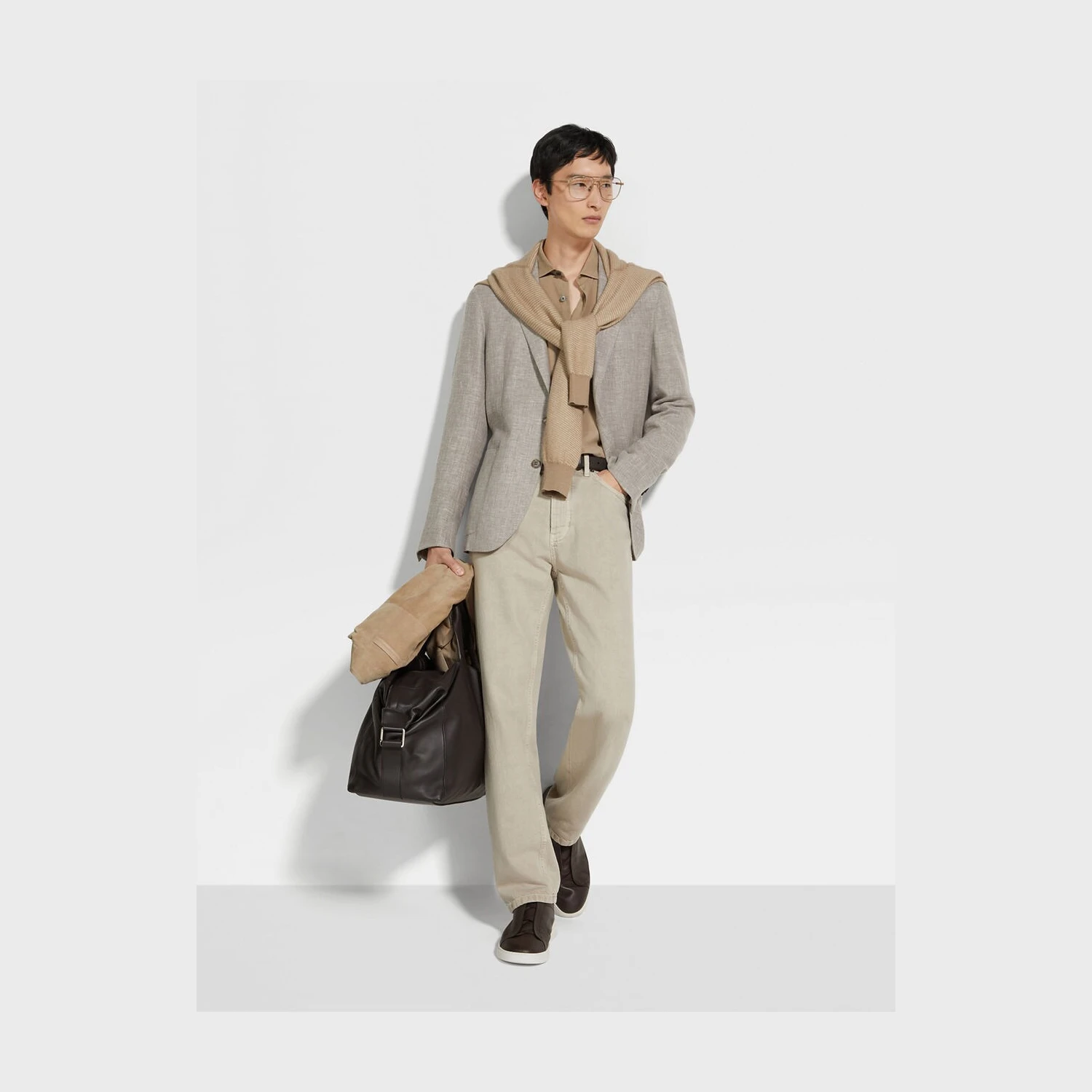 【预售】 杰尼亚 25春夏 男士 西服外套 Light Brown Crossover Linen Wool and Silk Blend Jacket 949575A9-1DJSS0  商品
