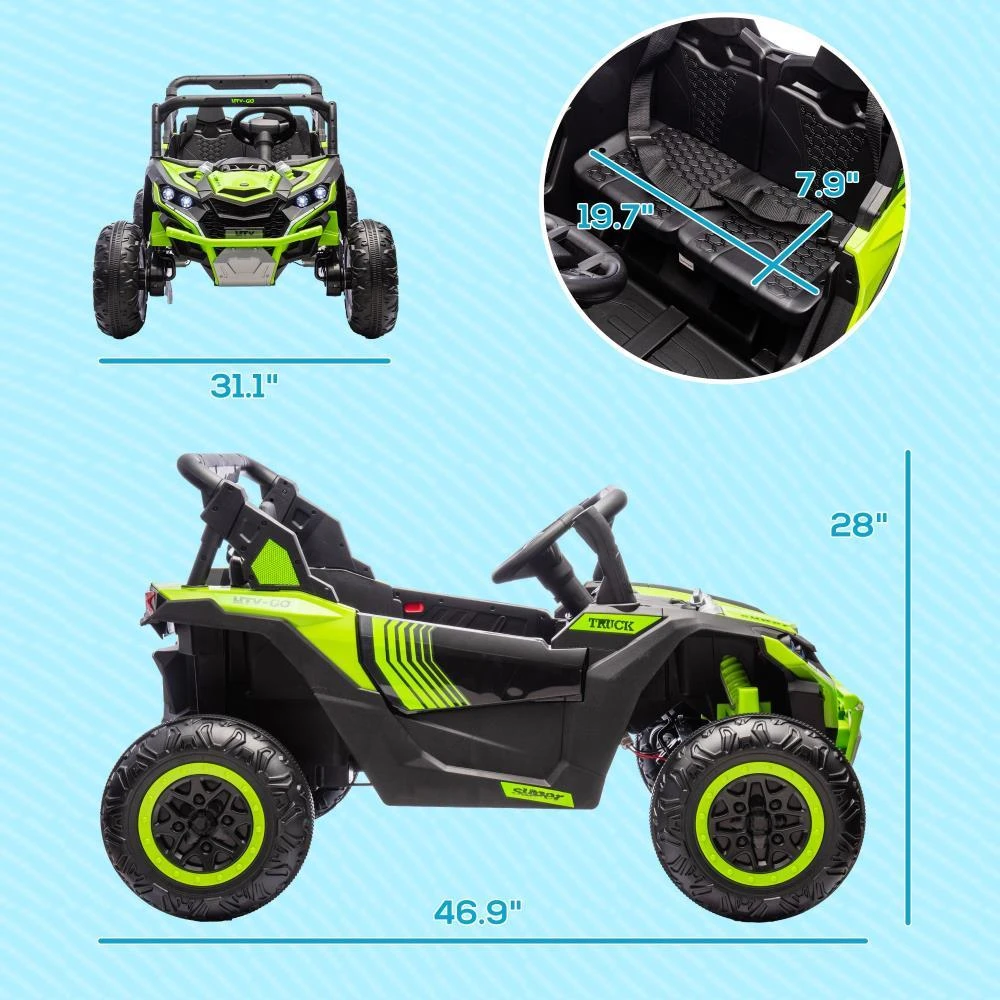 商品BreeBe|Qaba 24V 7AH Ride on UTV, 2 Seater 4MPH Kids Electric Car Ride on Battery Powered Toy with 4 Shock Absorbers, Music Horn and LED Lights, for Toddlers 3-8 Years, Green,价格¥3482,第3张图片详细描述