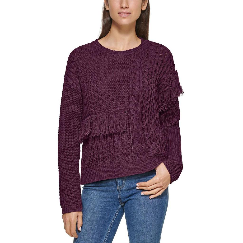 Calvin Klein Womens Open Stitch Fringe Crewneck Sweater商品第1张图片规格展示