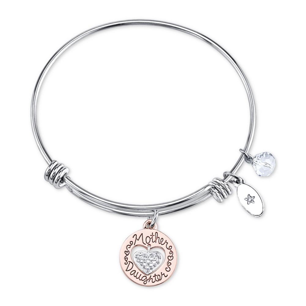 Two-Tone Mother & Daughter Heart Charm Bangle Bracelet in Rose Gold-Tone & Stainless Steel with Silver Plated Charms商品第1张图片规格展示