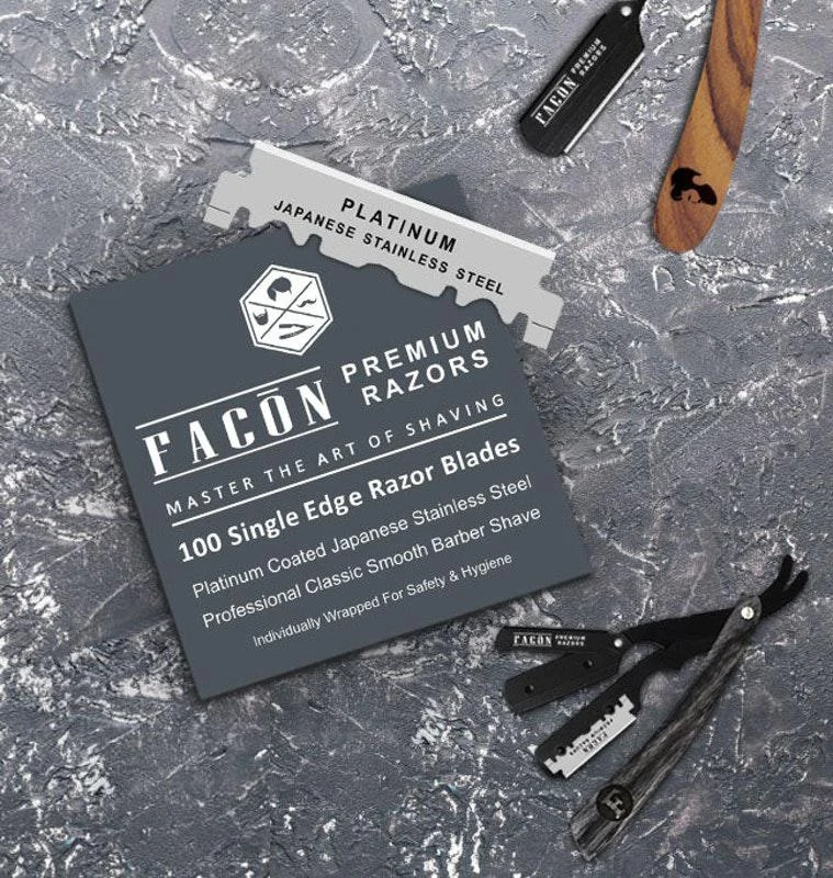 商品Facon Razors|100 Platinum Japanese Stainless Steel Single Edge Razor Blades for Professional Barber Straight Razor 200+ Shaves,价格¥53,第2张图片详细描述