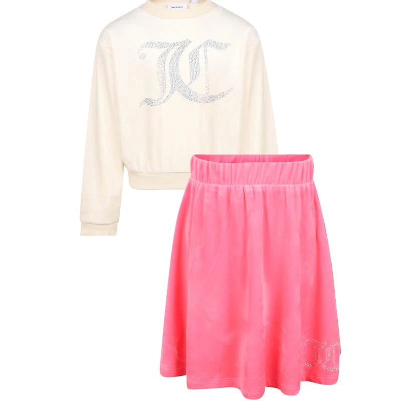 商品Juicy Couture|Silver crystal big logo diamante velour sweatshirt and skirt set in white and pink,价格¥1609,第1张图片