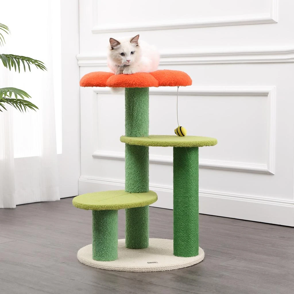 商品THE LICKER STORE|Poppy 29" 3-Tier Modern Jute Flower Cat Tree with Dangling Toy, Orange/Green,价格¥1248,第2张图片详细描述
