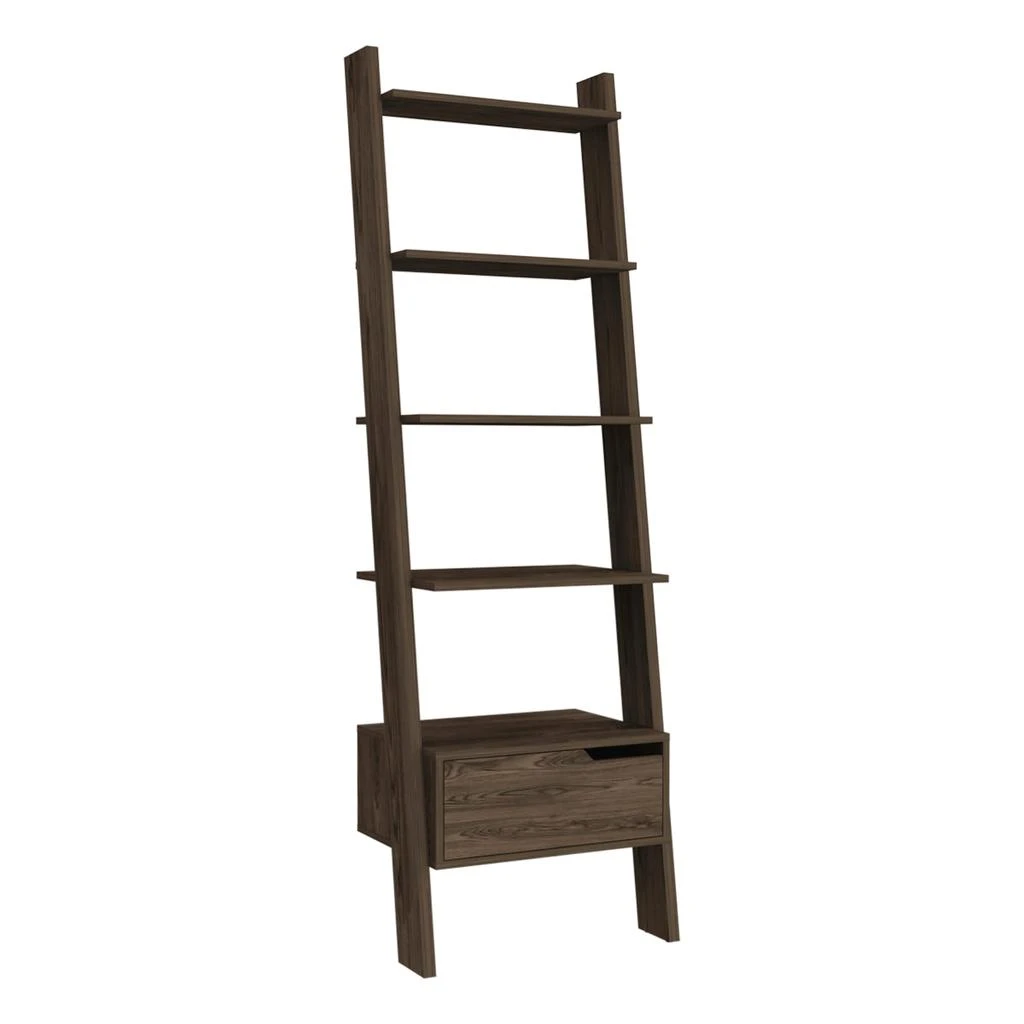 商品Simplie Fun|Oslo Ladder Bookcase, Four Legs, One Drawer, Five Open Shelves -Dark Walnut,价格¥2667,第2张图片详细描述