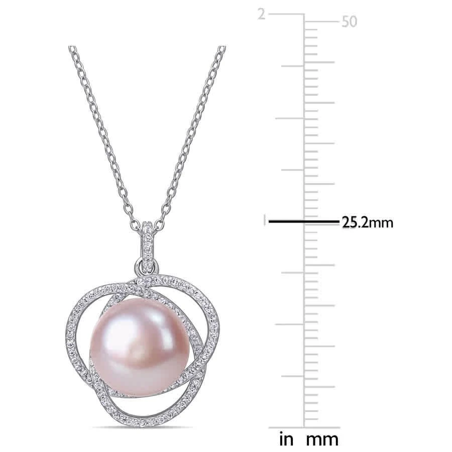 商品Amour|12 - 12.5 Mm Pink Cultured Freshwater Pearl and 1 CT TGW Cubic Zirconia Interlaced Halo Necklace In Sterling Silver,价格¥297,第2张图片详细描述