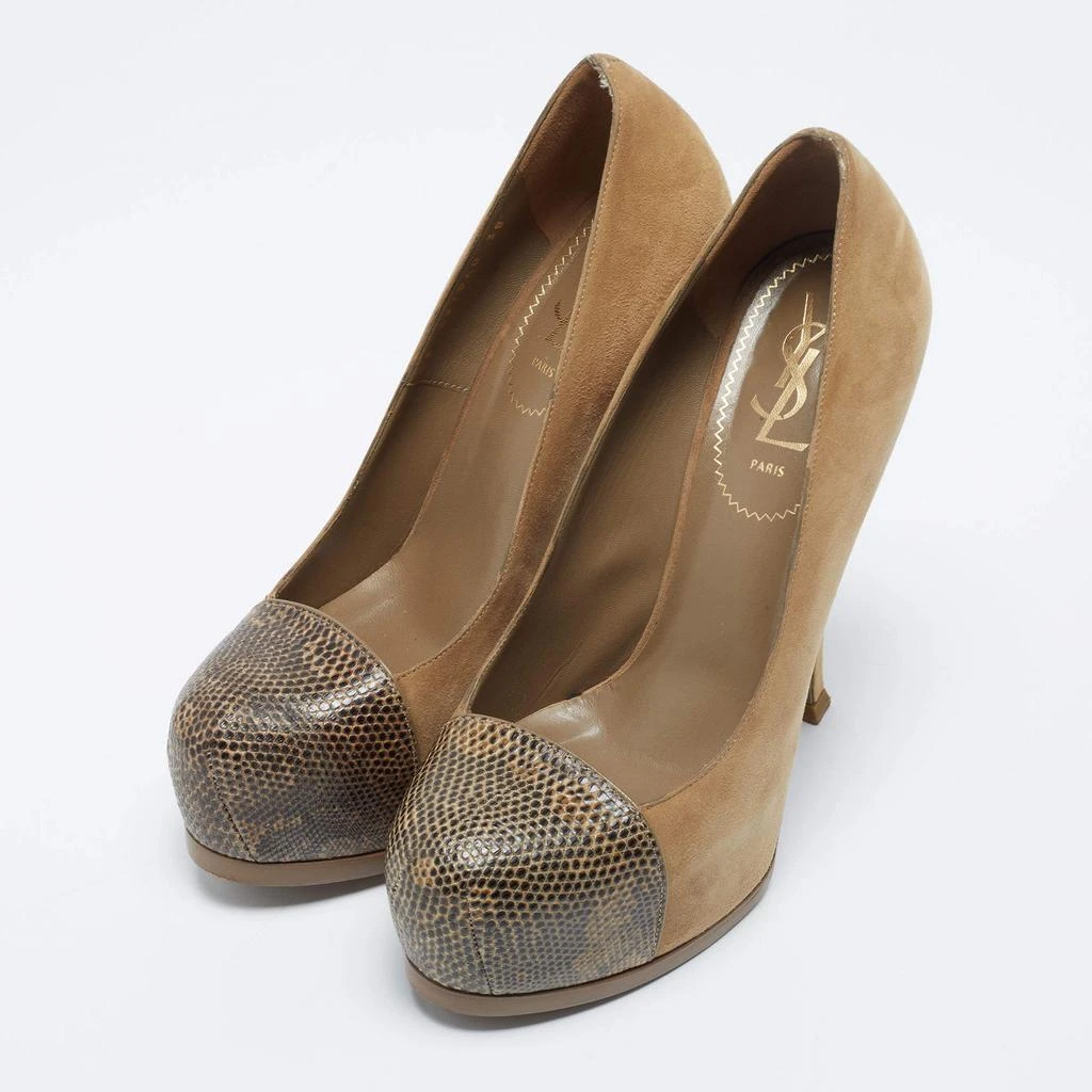 商品[二手商品] Yves Saint Laurent|Saint Laurent Brown/Yellow Suede And Lizard Embossed Tribtoo  Pumps Size 38,价格¥884,第2张图片详细描述