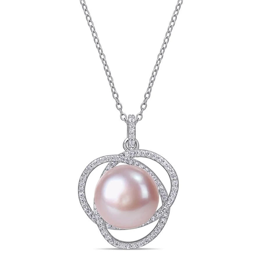 商品Amour|12 - 12.5 Mm Pink Cultured Freshwater Pearl and 1 CT TGW Cubic Zirconia Interlaced Halo Necklace In Sterling Silver,价格¥297,第1张图片