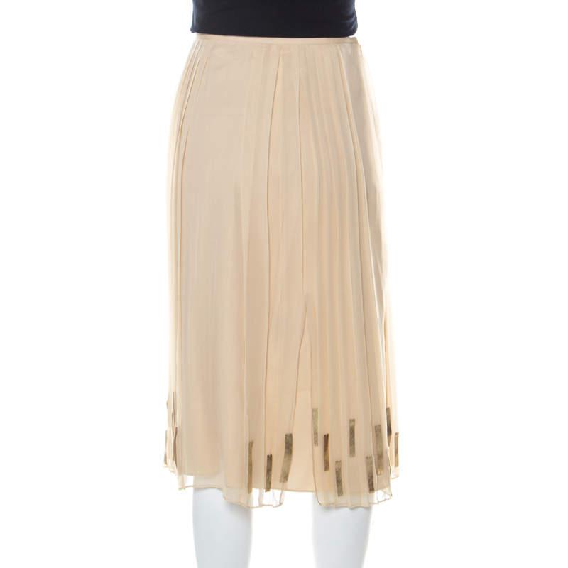 Elie Tahari Light Beige Pleated Silk and Gold Leather Trim Detail Midi Skirt L商品第3张图片规格展示