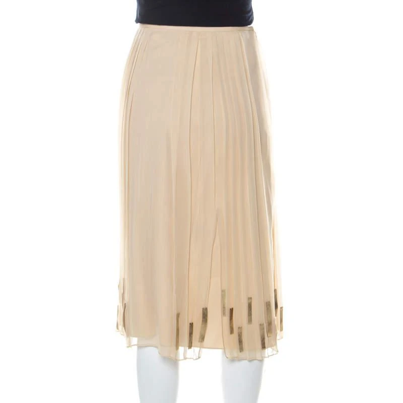 商品[二手商品] Tahari|Elie Tahari Light Beige Pleated Silk and Gold Leather Trim Detail Midi Skirt L ,价格¥822,第3张图片详细描述