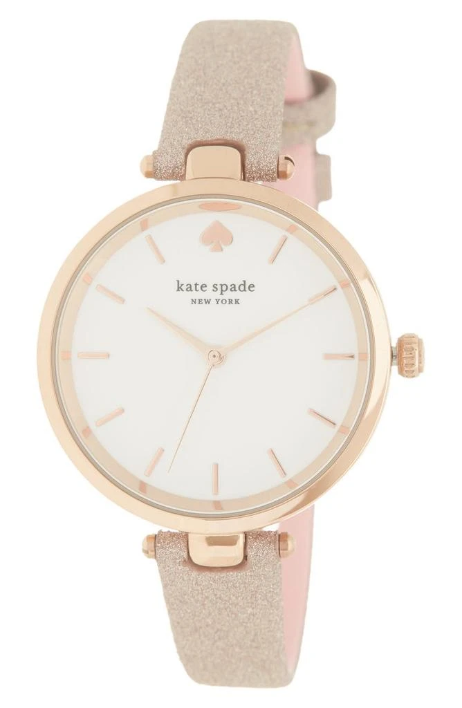 商品Kate Spade|holland three-hand rose gold-tone glitter leather watch, 34mm,价格¥891,第1张图片