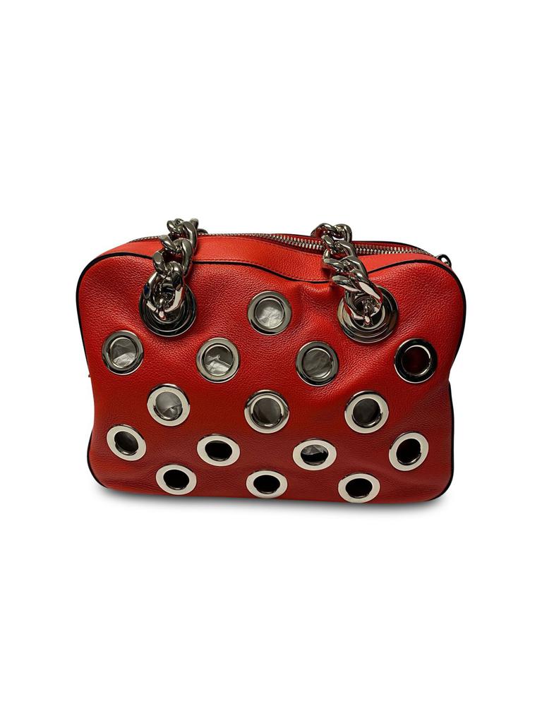 Prada Grommet Chain Shoulder Bag In Red Calfskin Leather商品第1张图片规格展示