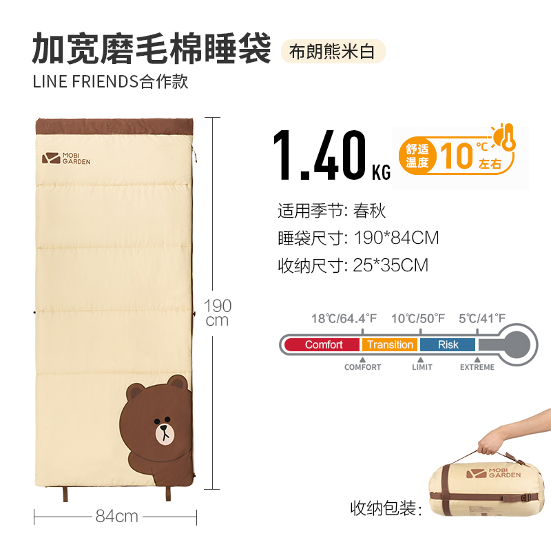Line Friends联名 活力布朗熊 便携式磨毛加厚睡袋商品第5张图片规格展示