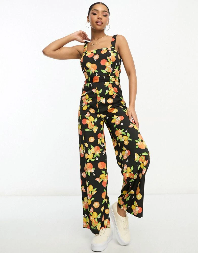 商品Wednesday's Girl|Wednesday's Girl fruit print wide leg jumpsuit in black,价格¥156,第1张图片