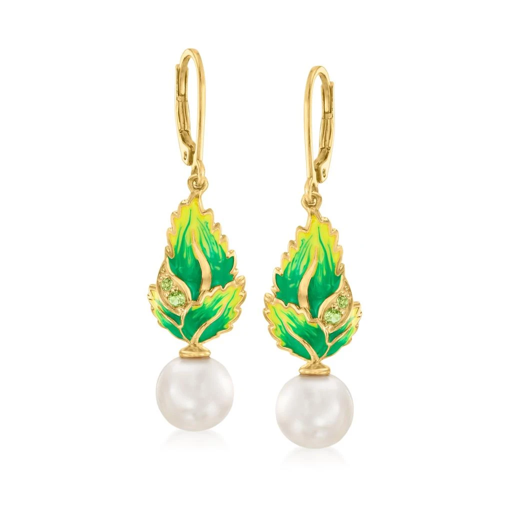 商品Ross-Simons|Ross-Simons 8.5-9mm Cultured Pearl and . Peridot Leaf Drop Earrings With Multicolored Enamel in 18kt Gold Over Sterling,价格¥1175,第3张图片详细描述