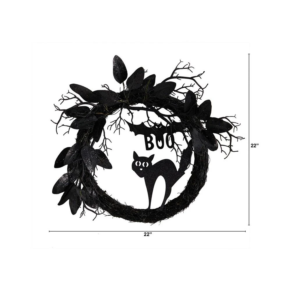 商品NEARLY NATURAL|22" Halloween Black Cat and Bat Boo Twig Wreath,价格¥484,第2张图片详细描述