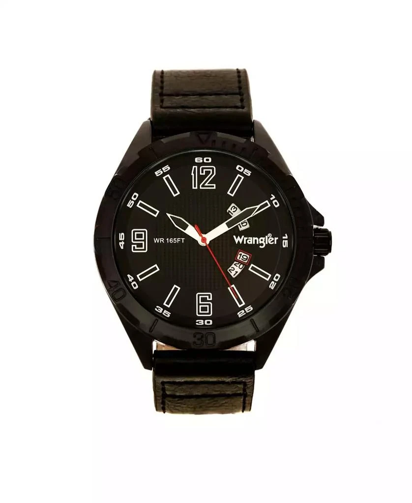 商品Wrangler|Men's Watch, 48MM IP Black Case with Textured Black Dial, Arabic Numerals, Rugged Brown Texture Strap, Analog, Second Hand, Date Function,价格¥502,第1张图片