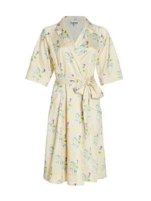 商品Ganni|Floral Crinkled Satin Wrap Dress,价格¥383,第3张图片详细描述