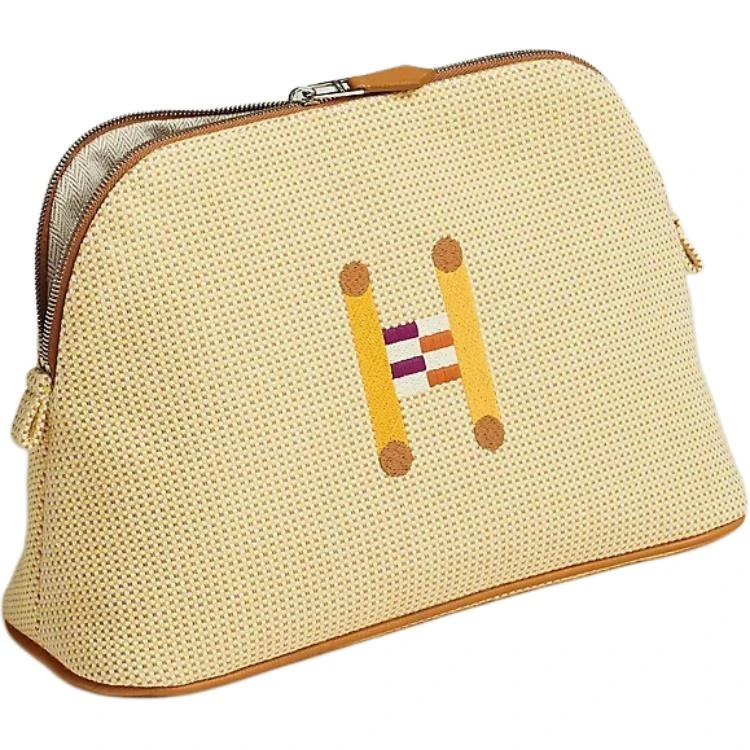 商品[国内直发] Hermes|爱马仕 Bolide 刺绣图案拉链开合 帆布 收纳包 女款 柠檬色拼赭石色,价格¥3975,第1张图片