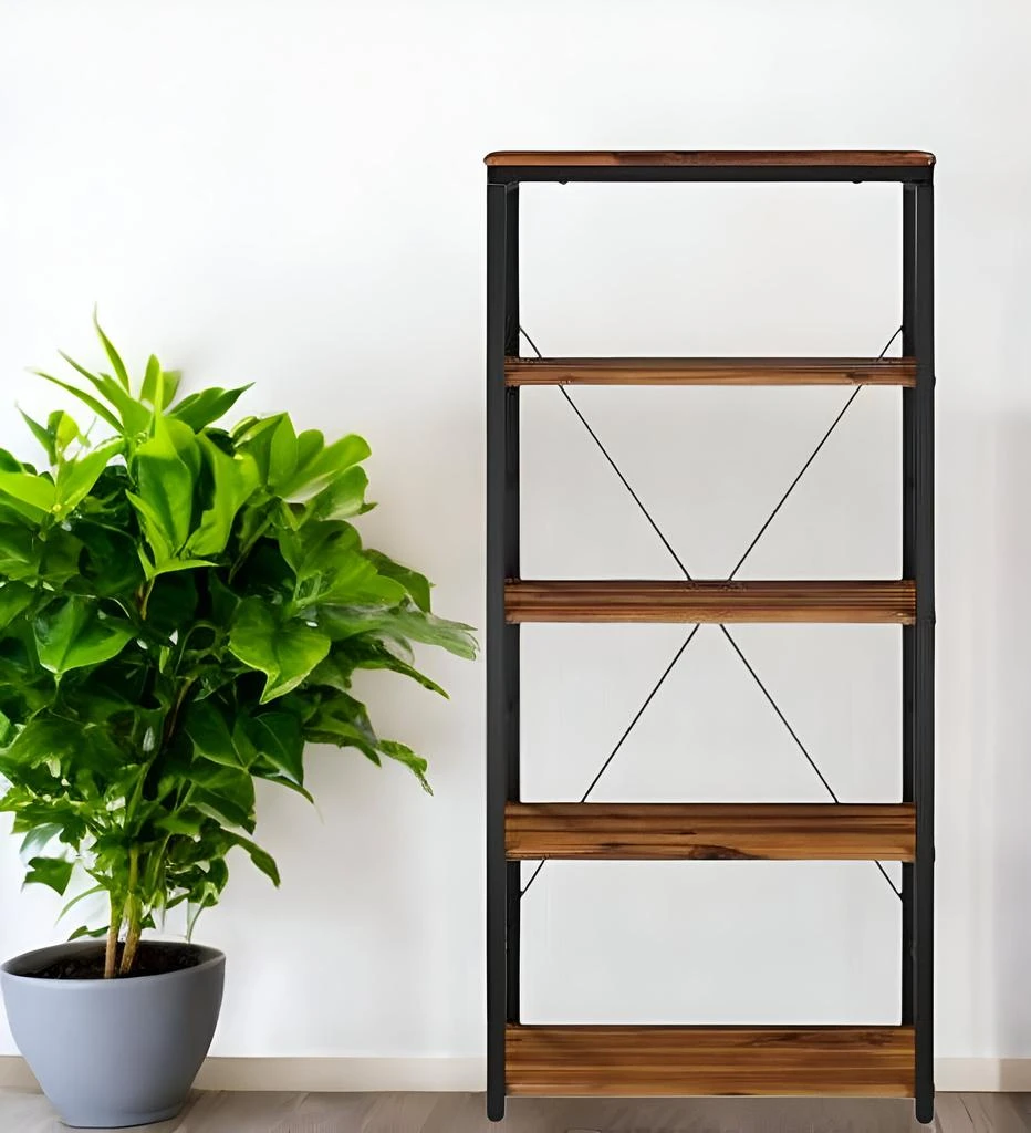 商品Homezia|54" Brown and Black Metal Four Tier Etagere Bookcase,价格¥2250,第1张图片