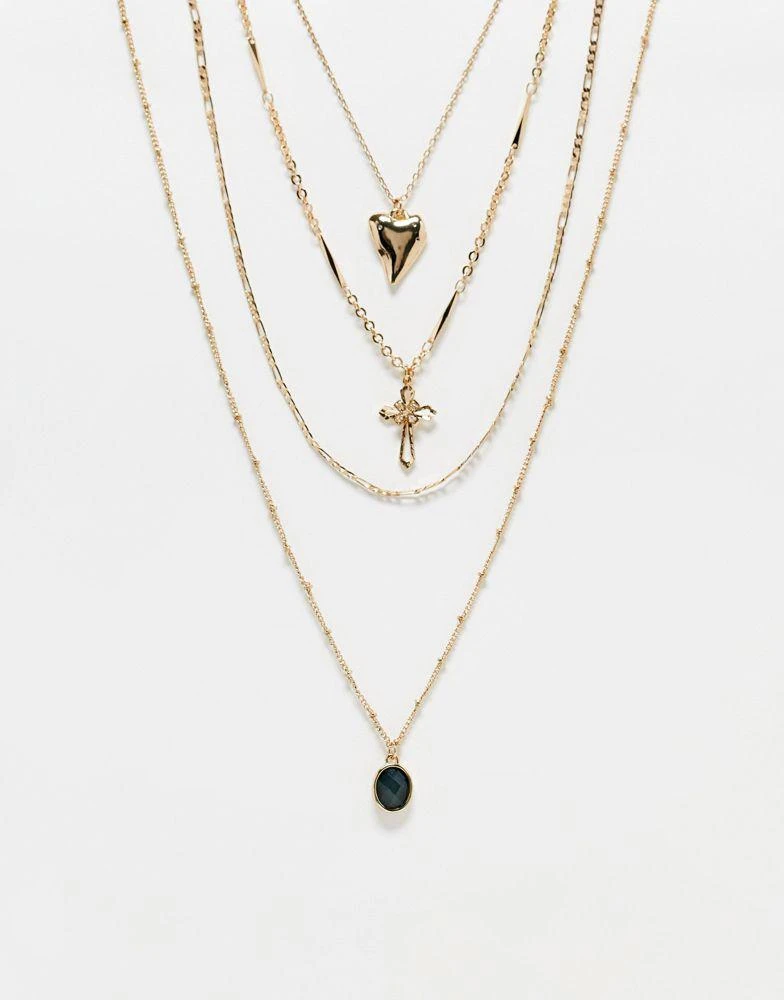 商品Reclaimed Vintage|Reclaimed Vintage multirow necklace with cross and heart pendant in gold,价格¥101,第1张图片